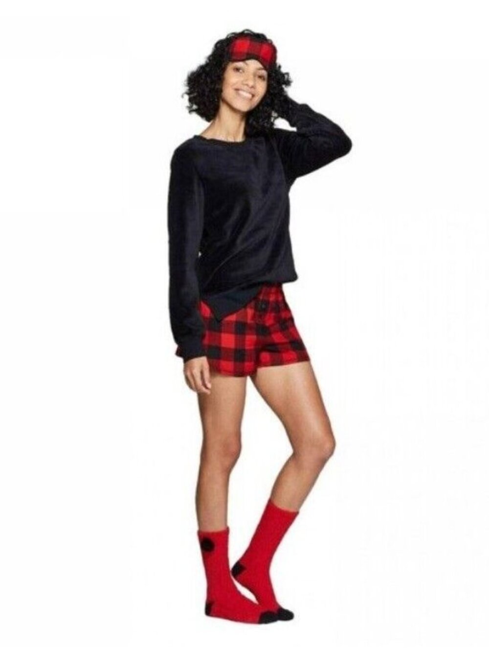 Women’s Christmas Lounge Set Black Top & Red Buffalo Plaid Shorts